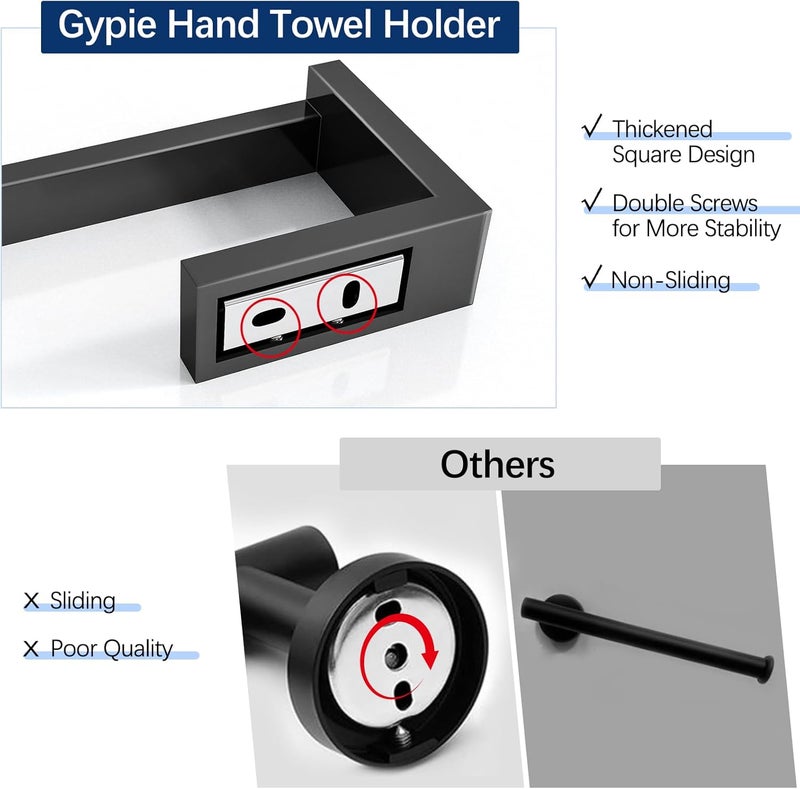 Gypie Hand Towel Holder for Bathroom Wall 2 Pack -Modern Towel Ring Square Hidden Mount with Dual Screws, Anti-Slip End, Stainless Steel, Matte Black - Image 4